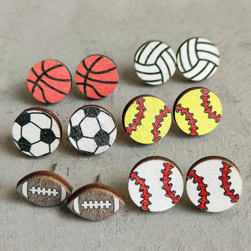 Original Design Basketball Football Wood Womenu0027S Ear Studs 1 Pair