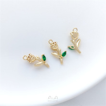 镶彩锆14K镀金电镀带枝叶玫瑰花吊坠手工diy手链项链耳环吊饰挂件