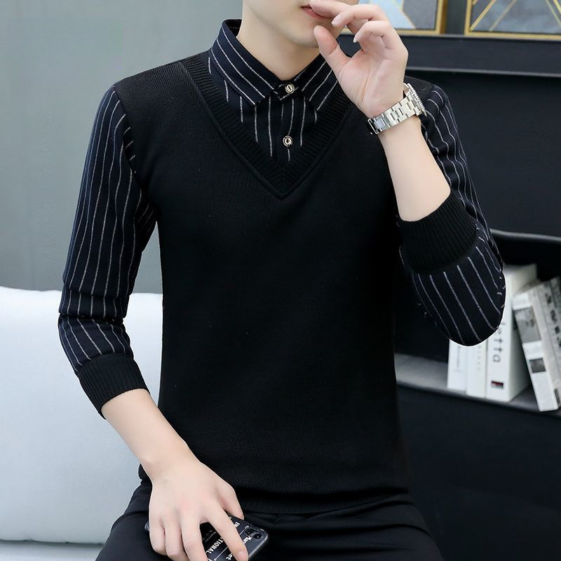 New fleece-lined, warm men's undershirt, sweater, and knitted shirt, designed as a faux two-piece outfit for couples, perfect for winter New fleece-lined, warm men's undershirt, sweater, and knitted shirt, designed as a faux two-piece outfit for couples, perfect for winter