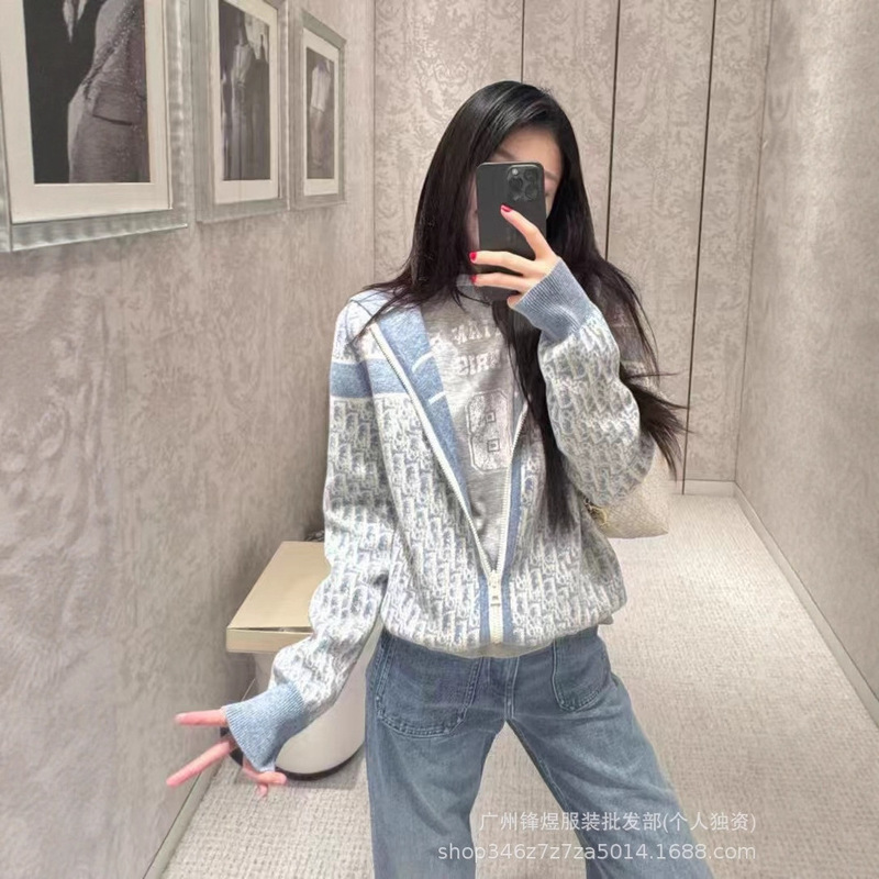 Nanyou Direct Supply Cd Letter Unisex Zipper Jacquard Hooded Knit Versatile Zipper Cardigan Loose Jacket for Women