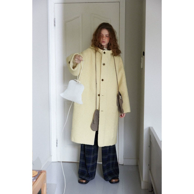 Retro woolen warm demi-season coat with hood, jacket