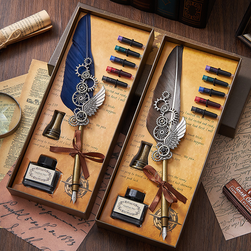 Mechanical Punk Feather Pen European Retro Ink Pen Steel Pen Gift Set with Cane Seal Birthday Gift