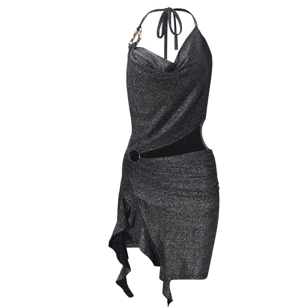 Women Spring Summer Silver Silk Cropped Irregular Asymmetric Strap Dress Women