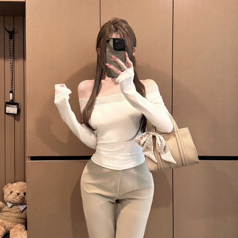 8719 # Early Autumn New Pure Lust Sexy Floral One-Shoulder Lace Splicing Long-Sleeved T-Shirt Women's Versatile Top