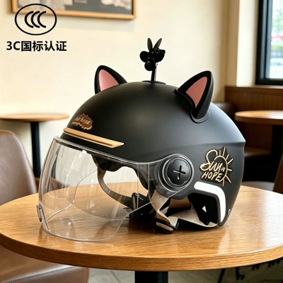 Suitable for All Seasons, Summer, with Ear: Motosiklet kaskı (dəbilqə) - class-a-national-standard-sunshine-black-coffee-breathable-model-high-definition-lenses-black-pink-windmill-543g