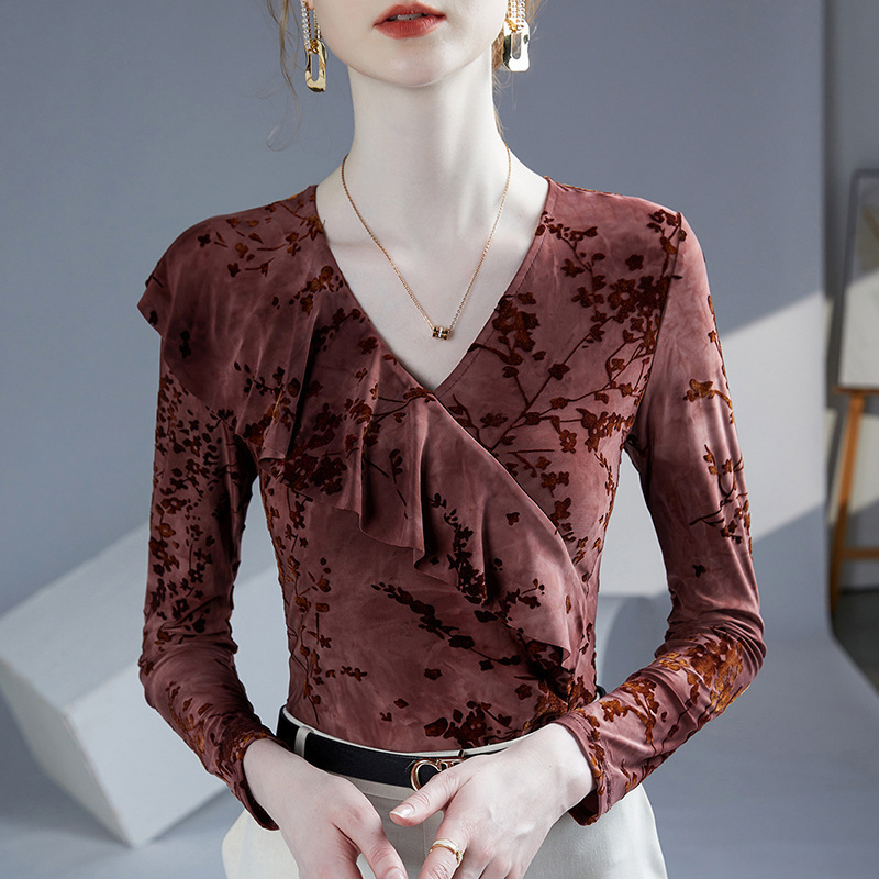 Spring and Autumn New Style Lotus Leaf Collar Tie-Dye Velvet Floral Women's Top, Stylish Long-Sleeve V-Neck Dancewear Blouse for Women, Latin Dance