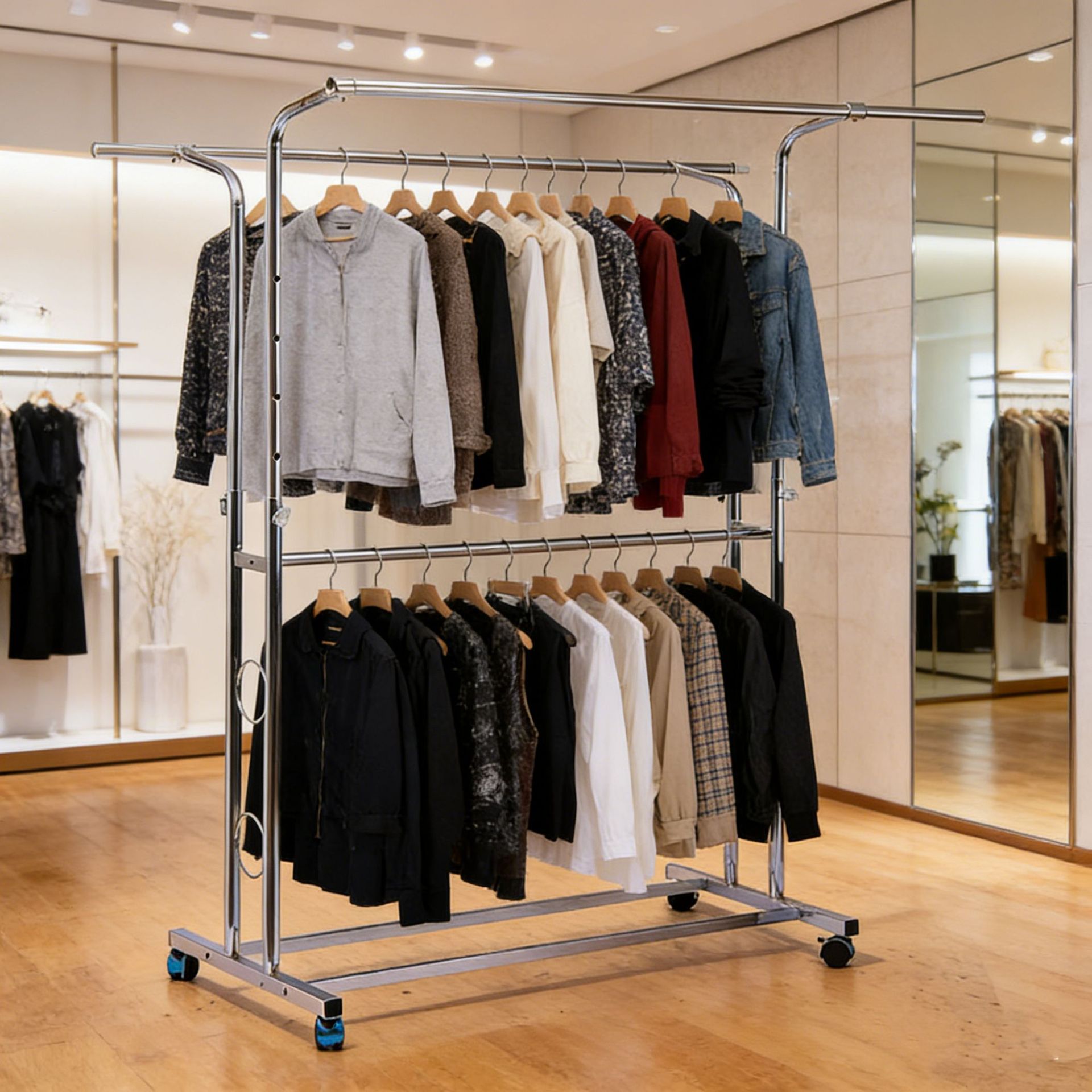 O式双杠带圈带轮可滑动晾衣架 加厚摆摊展示室内外晾晒衣架伸缩