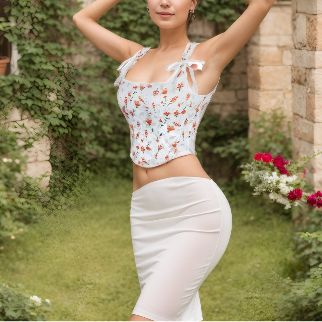 Flor blanca fresca francesa impresión cinturón de hombro para el pecho de la corte top Amazon