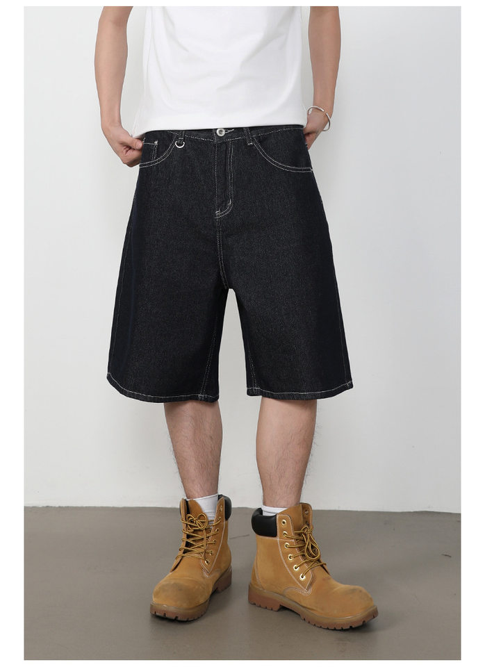 Quần short jean nam lửng ống rộng dáng suông phong cách retro, chất liệu denim thô — Denim đen, Xanh denim chi tiết 14