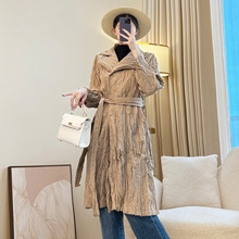 一件代发卡其色中长款外套女三宅时尚女装卡其色系带风衣收腰显瘦