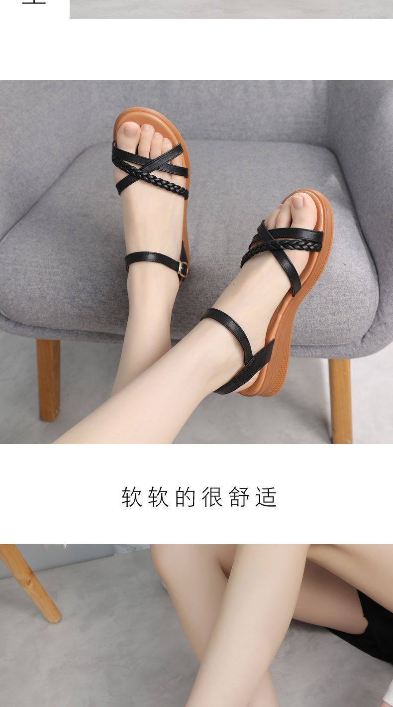Xăng đan nữ quai ngang đế bằng da thật mùa hè — Màu đen chi tiết 12