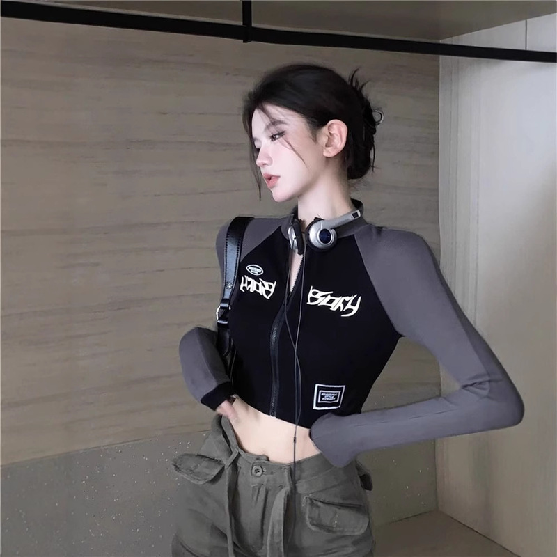 2025 Vintage Motorcycle Half-high Collar Short Zipper Jacket Women's Spring and Autumn Hot Girl Tight High Waist Long-sleeved T-shirt 2025 Vintage Motorcycle Half-high Collar Short Zipper Jacket Women's Spring and Autumn Hot Girl Tight High Waist Long-sleeved T-shirt