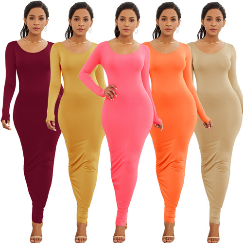 European and American women's sexy nightclub tight stretch one-step maxi dress, featuring fashionable long sleeves and a uniquely elegant design.