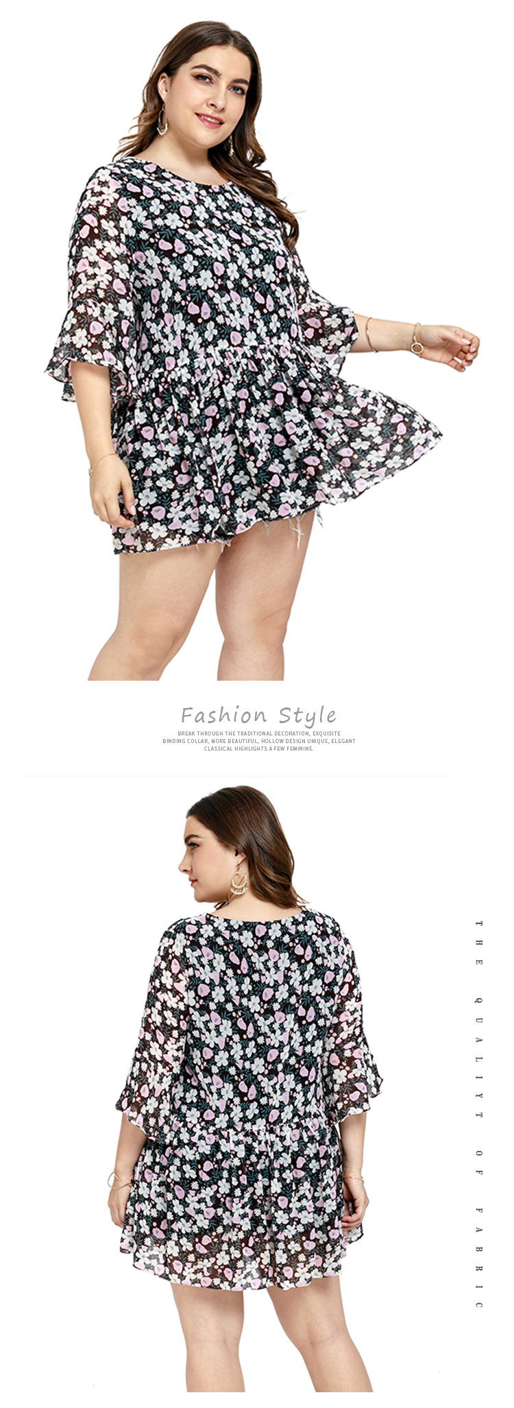 Plus size floral print chiffon mini dress NSJR45826