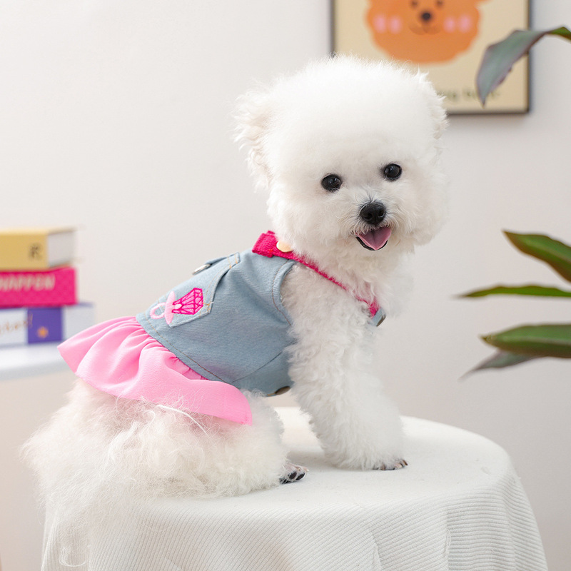 宠物衣服秋冬新款小型犬幼犬快乐狗猫保暖舒适粉红时尚牛仔裙|undefined