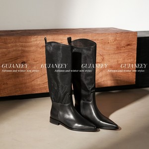 欧洲站女鞋25秋冬新时尚软胎牛皮拼网尖头舒适套筒平底透气网长靴