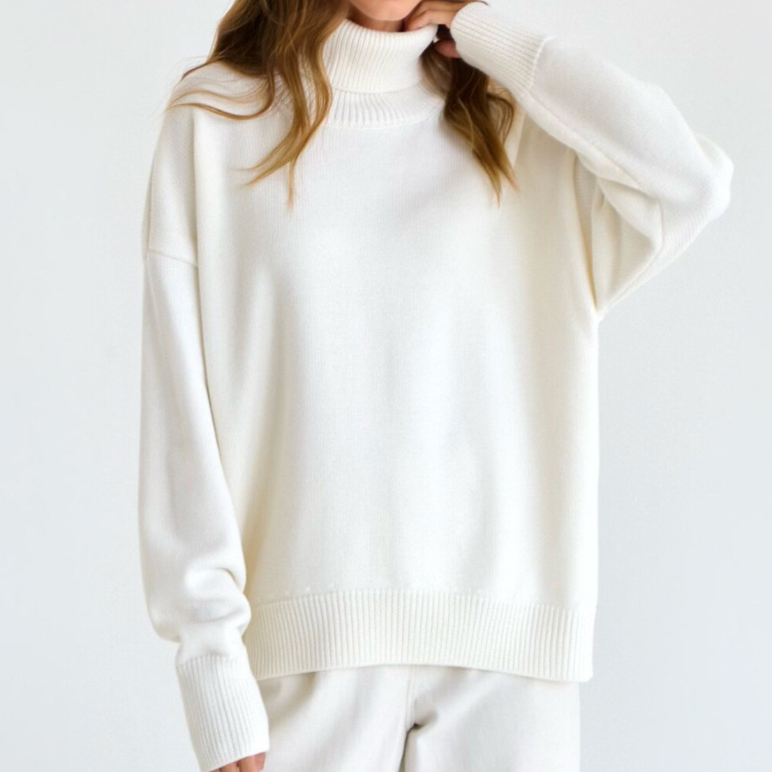 Comercio exterior transfronterizo de color sólido suéter de cuello alto mujeres Europa y América otoño y invierno suelto versátil clásico explosión camiseta de punto precio de fábrica al por mayor image 5