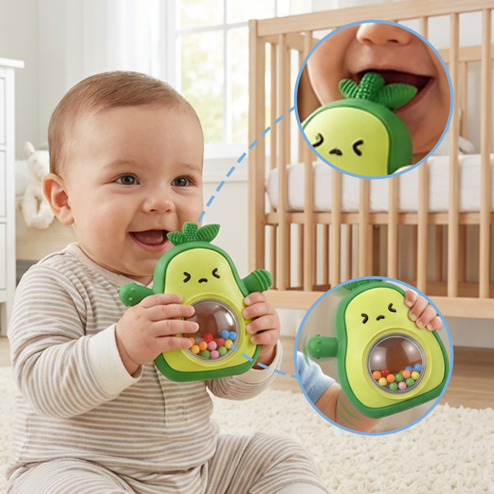 Yeni Model Avokado Çıngırakı Diş Kaşıyıcı Çiğneme Oyuncağı Gıda Sınıfı Bebek Silikon Diş Çıkartma Çubuğu Bebek El Koruma Çiğneme Oyuncağı
