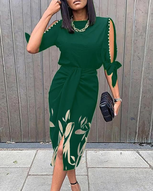 Women's Clothing High Waisted Blue Casual Dress New Mid Length Printed Sleeve Hollow Out Women's Clothing_ecoleips.com