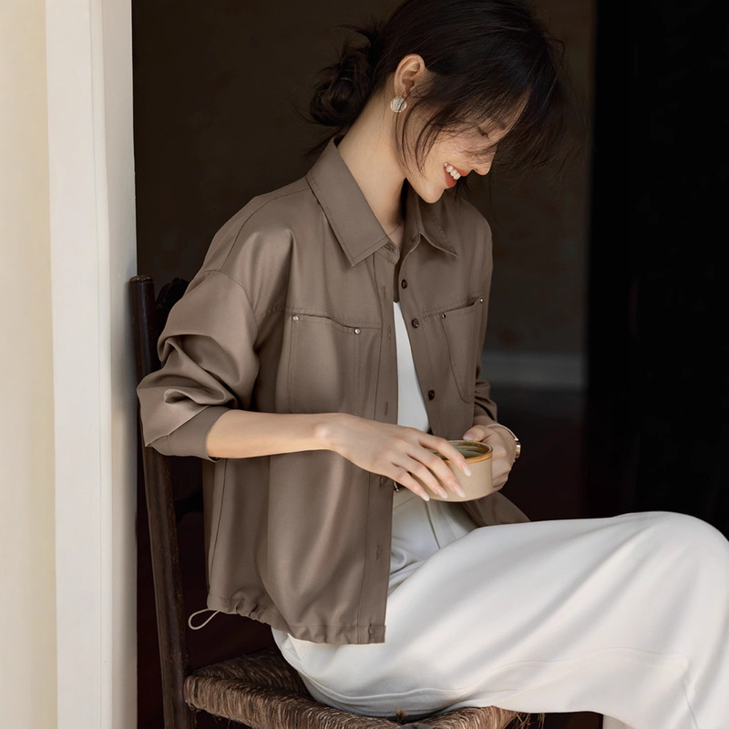 XWI欣未早秋休闲通勤纯色衬衫外套女夏季薄款抽绳设计感外搭上衣|undefined