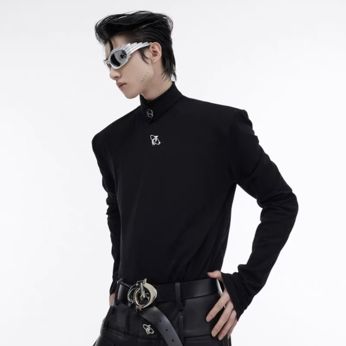 CulturE Autumn and Winter Niche Metal Logo Design High Neck Shoulder Pad Base Shirt Long Sleeve Simple Slim Fit Interior