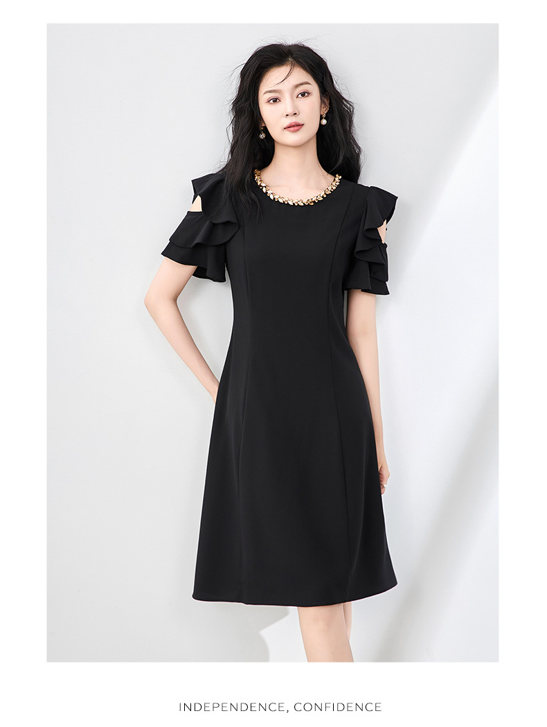Váy liền thắt eo cổ tròn đính kim cương phong cách Pháp sang trọng cho nữ — Màu đen chi tiết 15
