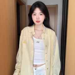 美式复古黄色条纹Polo领衬衫外套女春秋宽松休闲开衫慵懒chic上衣