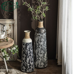 Living Room Hotel Entrance Decorative Pieces, Boutique Inn Illustration Round Bottles, American Ironwork Printed Retro Floor Vase