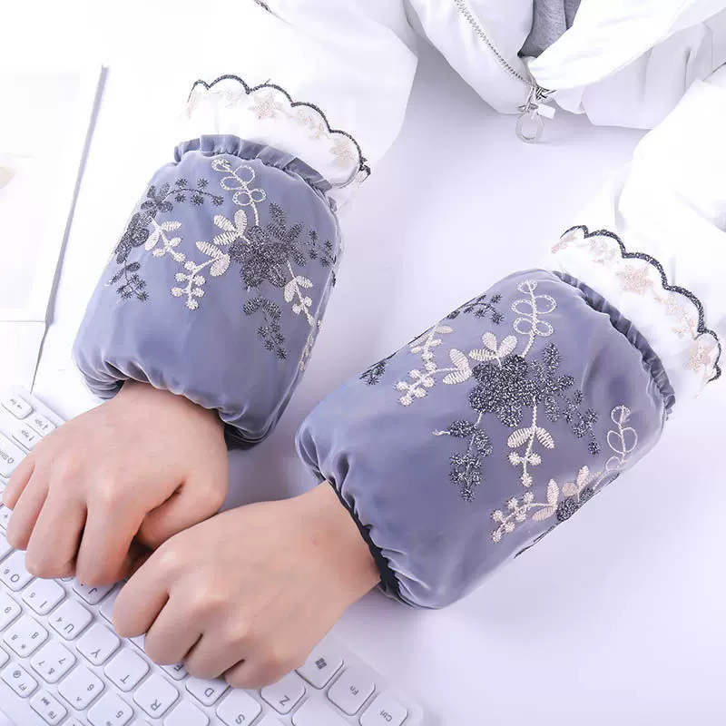 双层网纱刺绣袖套韩版蕾丝防污女士办公短款护袖头冬季