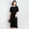 Korean version medium long short sleeve temperament waist skirt lace up loose knit dress