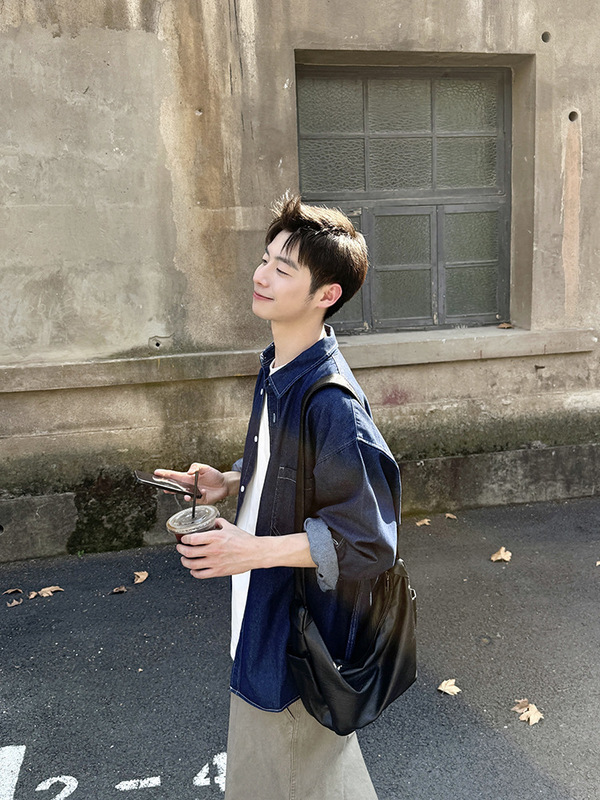 蓝色牛仔衬衫长袖男生春秋季2025新款日常百搭外套上衣衬衣纯色|undefined
