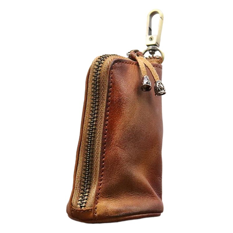 New Style First-Layer Cowhide Vegetable-Tanned Leather Vintage Distressed Key Pouch for Men, Large Capacity, Waist-Hanging, Vintage Distressed
