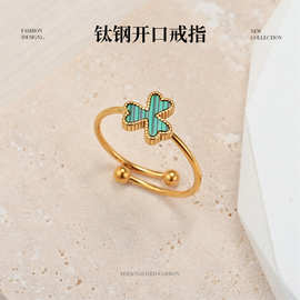 小众ins复古纹理四叶草开口戒指女生通勤可调节手饰百搭饰品批发