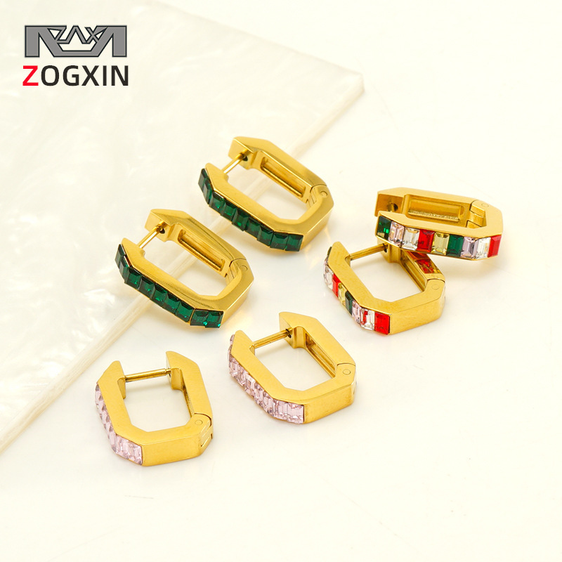 Moda geométrica europea y americana colorido ZIRCON titanio acero pendientes mujer ins estilo alto grado 18K Acero inoxidable pendientes al por mayor