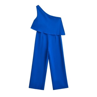 2024 cross-border cross-border supply wholesale 2024 summer net red oblique shoulder ruffled slim jumpsuit