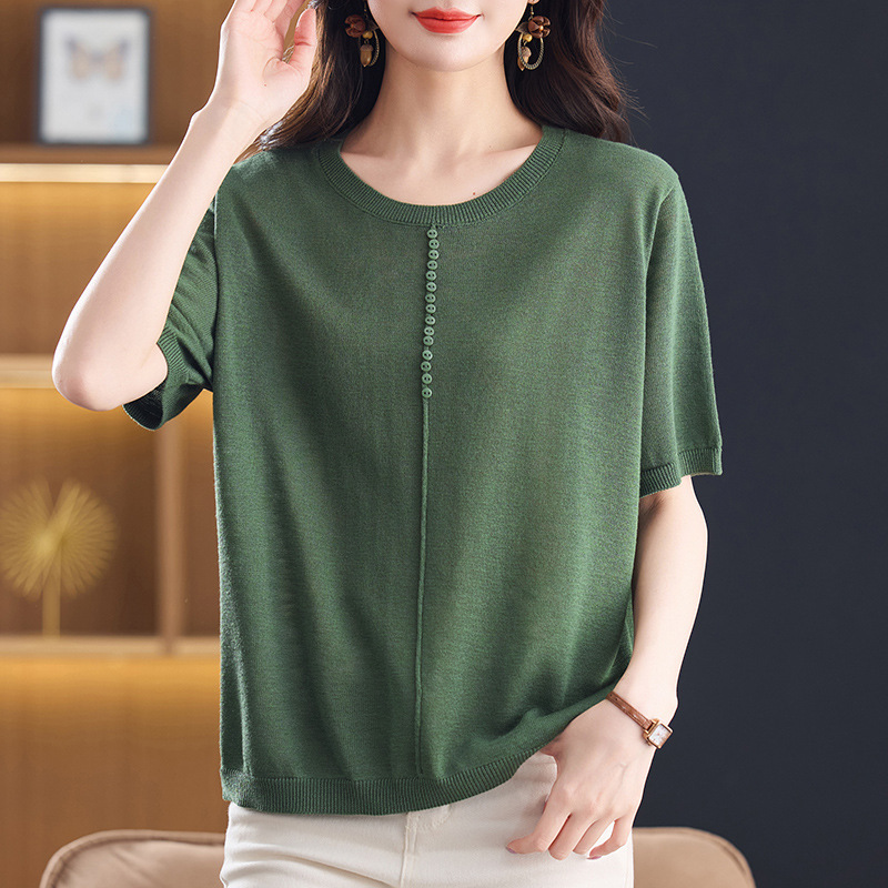 Round Neck Knitted Short-Sleeved Women's 2026 Summer New Stylish Lace Sleeve Thin Ice Silk Top Mom Ladies T-Shirt