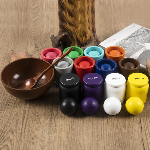 Wooden children's educational early education fun 12-color ball and cup color classification clip beads color recognition matching toy