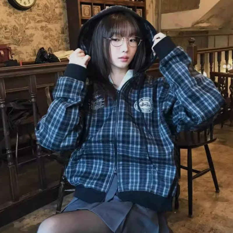 韩国badblood美式宽松复古格子开衫卫衣女运动休闲连帽短外套上衣|undefined