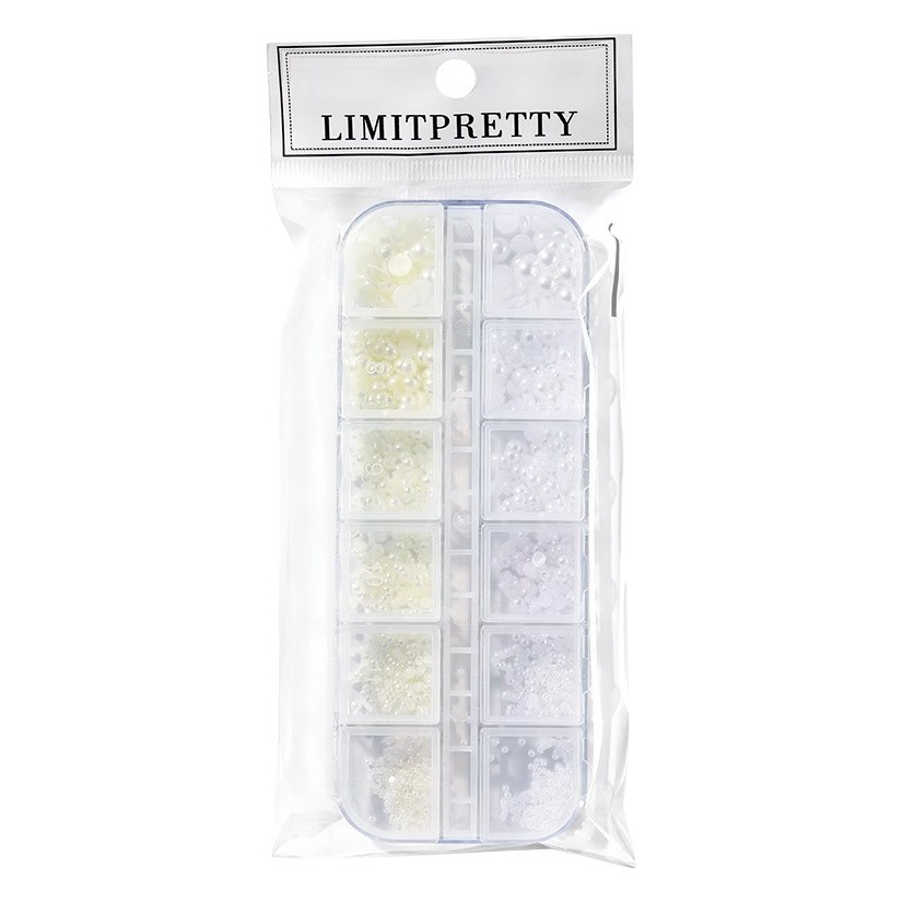 Joyería de uñas perla mixta semicírculo plano beige 12 rejilla en caja tamaño destacado redondo accesorios de uñas material