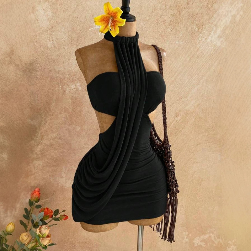 European and American Cross-Border 2026 New Women's Spring-Summer Asymmetrical Flowy Tie-Waist Slim-Fit Halter Neck Mini Dress