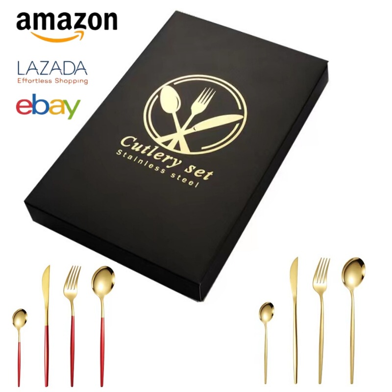 Cross-border Amazon stainless steel knife, fork and spoon four-piece golden steak knife and fork Portuguese tableware gift suit Cross-border Amazon stainless steel knife, fork and spoon four-piece golden steak knife and fork Portuguese tableware gift suit