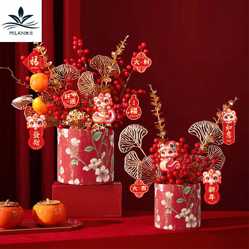 Tarjetas de Año Nuevo estampadas, tarjetas de felicitación de vacaciones, colgantes de bordas, flores de Año Nuevo, decoración de barril de bonsai verde, tarjetas de felicitación colgantes