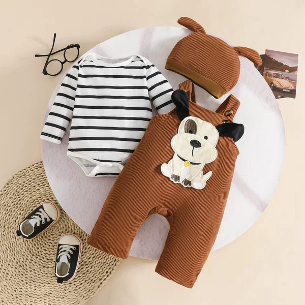 European and American Baby Boy Long-Sleeved Stripesd Top + Corduroy Overalls + Hat Set Cute Cartoon Puppy 3-Piece Set