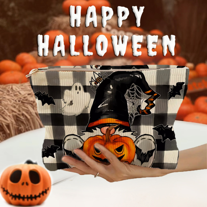 SHEINアマゾンTEMUハロウィーンカボチャ幽霊模様コーデュロイジッパー収納袋軽量化粧バッグ|undefined