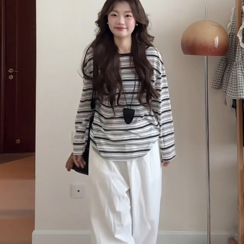 韩系黑色条纹防晒罩衫长袖T恤女早秋慵懒宽松miu系空调衫薄款上衣|undefined