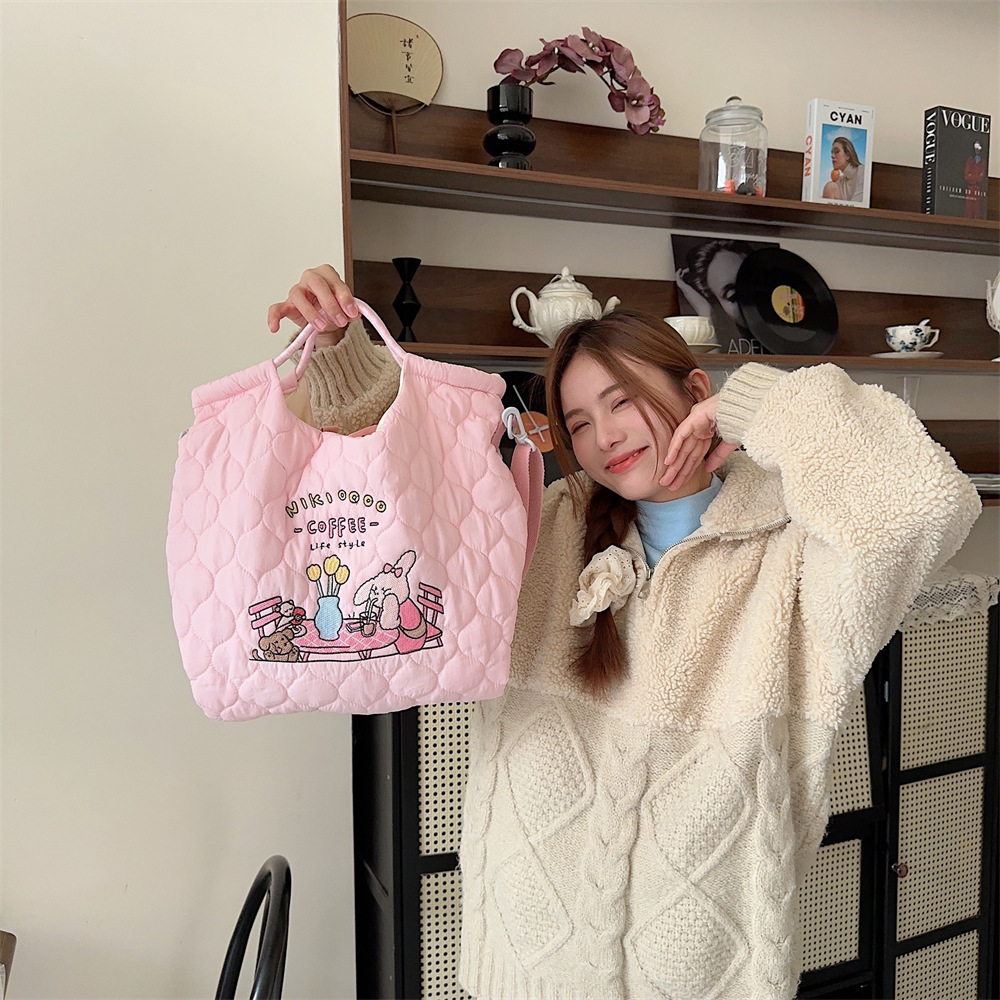 31223 Quilted soft crossbody bag, large capacity hand-held shoulder bag, cartoon embroidered little rabbit student handbag Item Picture