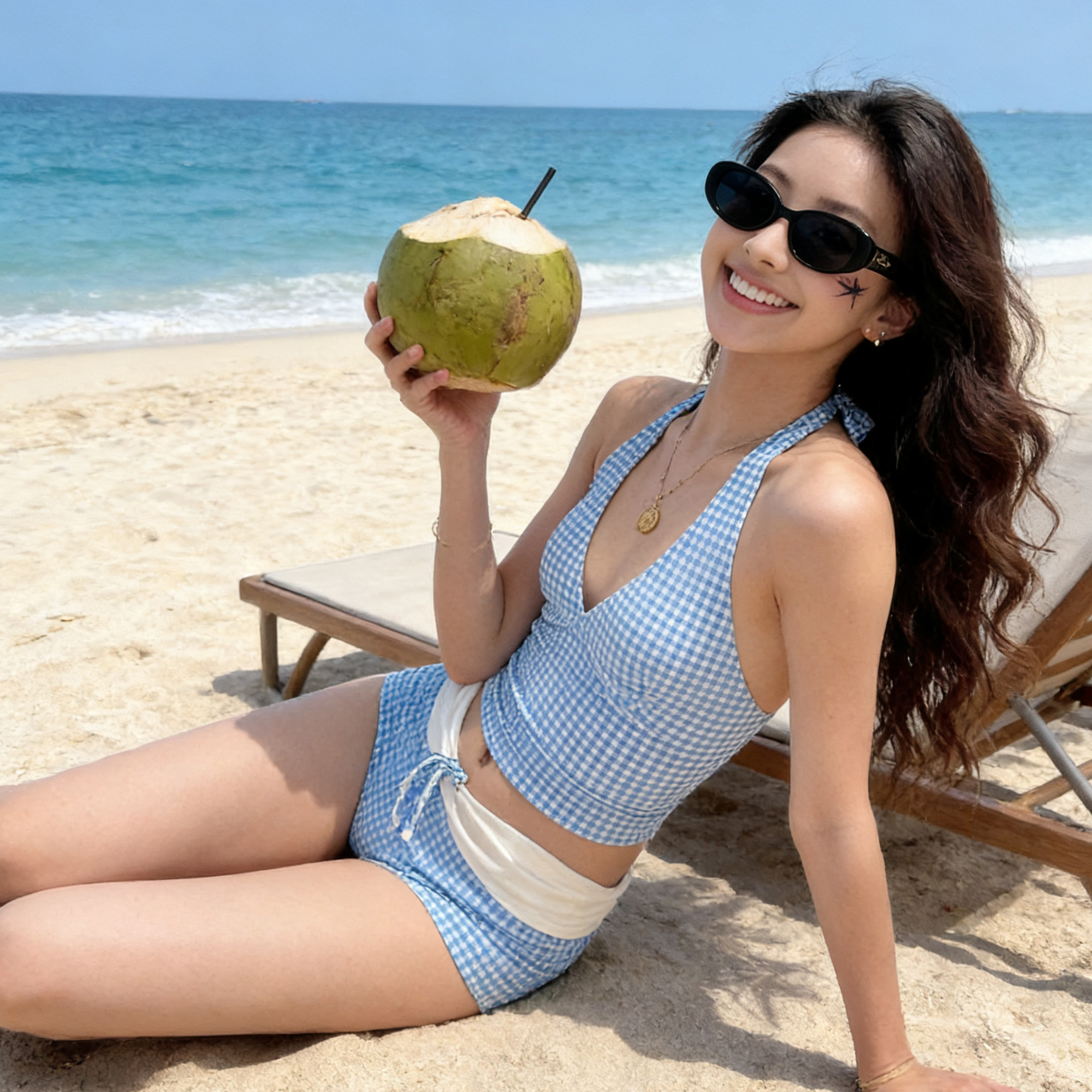 New Sexy V Neck Small Breast Push-Up Cover-Up High Waist Backless Fashion Plaid Boxer Briefs Vacation Split Swimsuit for Women