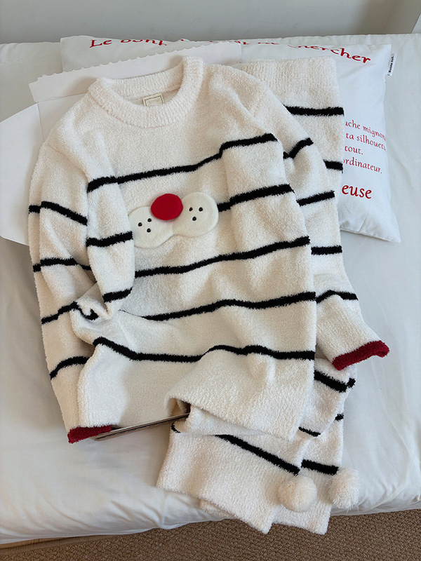 【现货】酷猫条纹针织半边绒睡衣女秋冬季加厚加绒家居服保暖套装|undefined