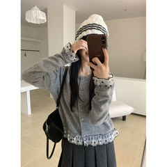 韩版甜美减龄气质波点蕾丝拼接针织开衫休闲百搭修身显瘦舒适毛衣