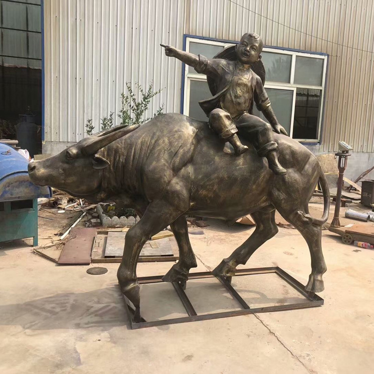 铸铜牧童放牛雕塑纯铜小孩儿吹笛子骑牛雕像小区园林景观装饰摆件|ms